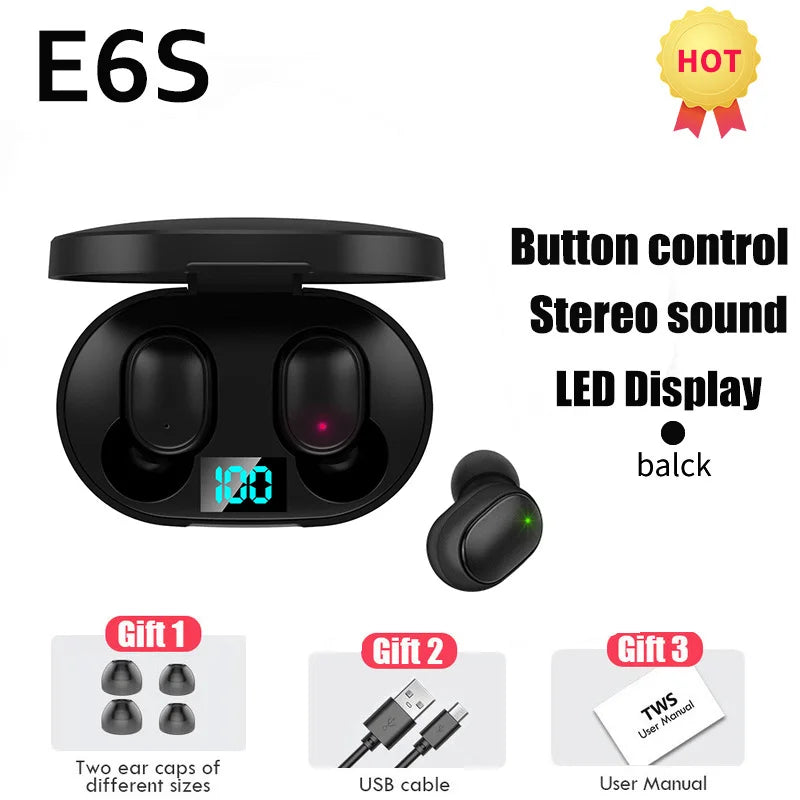 TWS E6S Wireless Earphones Bluetooth 5.0 Headphones Waterproof Earbuds LED Display HD Stereo Bass Mic for iPhone Xiaomi Huawei