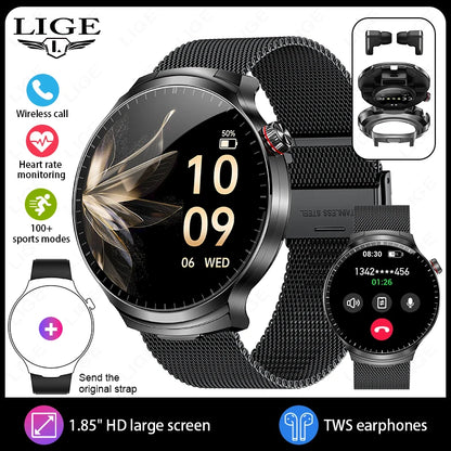 LIGE 2025 Smart Watch 2 in 1 With Earphone Smartwatch Bluetooth Call Men Watch AI Voice Heart Rate Monitor Play Music SmartWatch