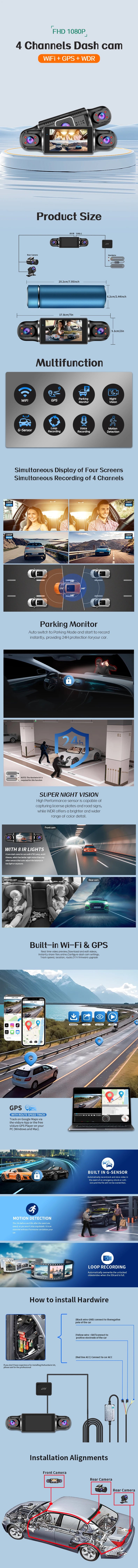 Dash Cam for Cars Free 64GB Dash Cam 360 Degrees Car DVR WiFi GPS 24h Parking Monitor 4 Lens HD 1080P Video Recorder APP Control