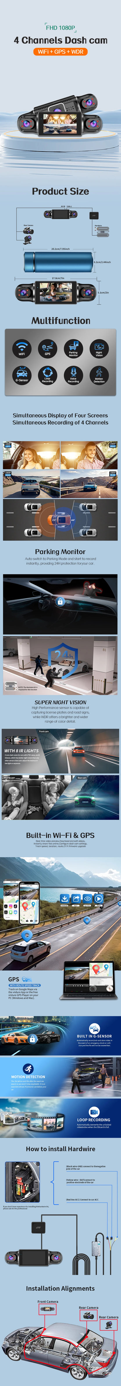 Dash Cam for Cars Free 64GB Dash Cam 360 Degrees Car DVR WiFi GPS 24h Parking Monitor 4 Lens HD 1080P Video Recorder APP Control