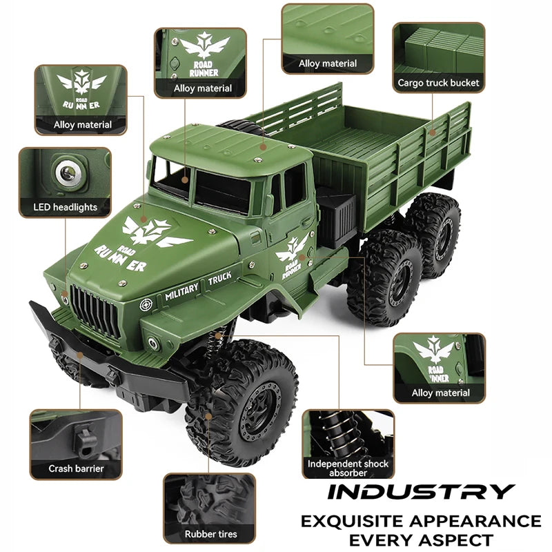1/16 2.4G Aluminum Alloy RC Truck Six Wheel Military Edition with LED Lights Outdoor Remote Control Cars Toys Gift for Children