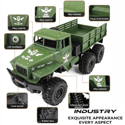 1/16 2.4G Aluminum Alloy RC Truck Six Wheel Military Edition with LED Lights Outdoor Remote Control Cars Toys Gift for Children