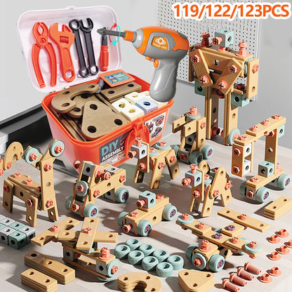 Kids Tool Set DIY Nut Assembly Toy Kit STEM Building Tools Montessori Toys Gifts for Boy Girl, Electric Drill Tool Box Optional