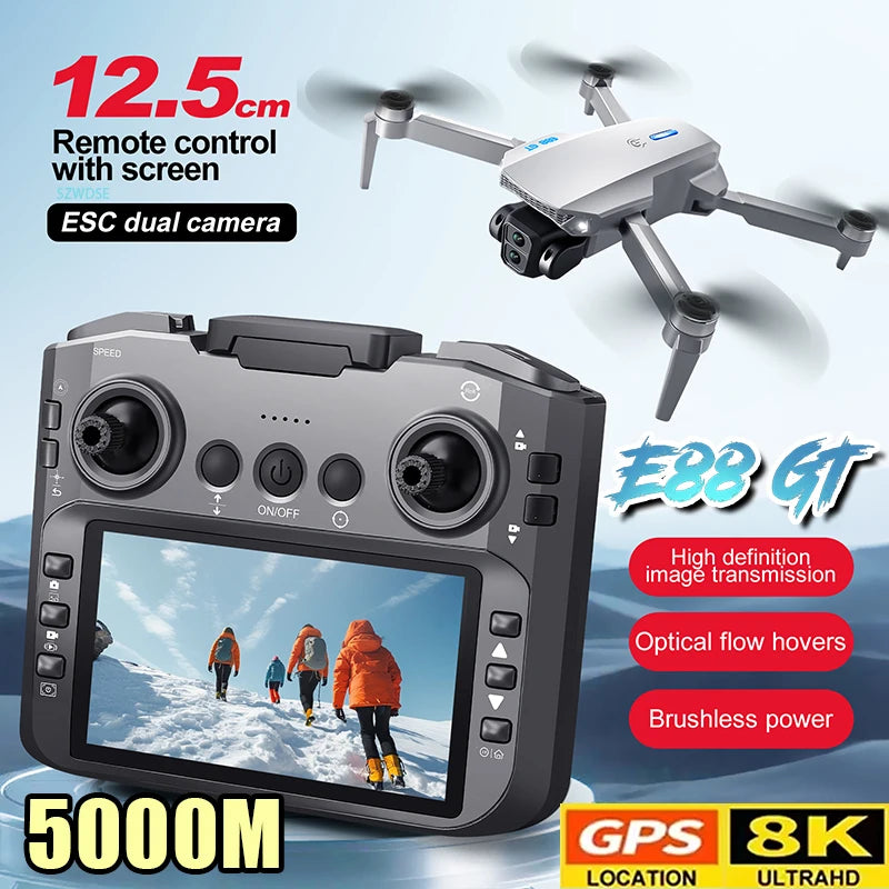 E88GT 4.3-inch Large Screen Drone Brushless Dual Camera Aerial Photography 8K HD Optical Flow Remote Control Aircraft Boy Gift