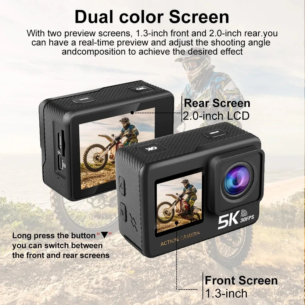 Action Camera 5K 4K60FPS 50MP 2.0 Touch EIS Pre-Record Wireless Mic Wi-Fi 170D DVR Webcam Waterproof 30M 5X Zoom Sports Camera