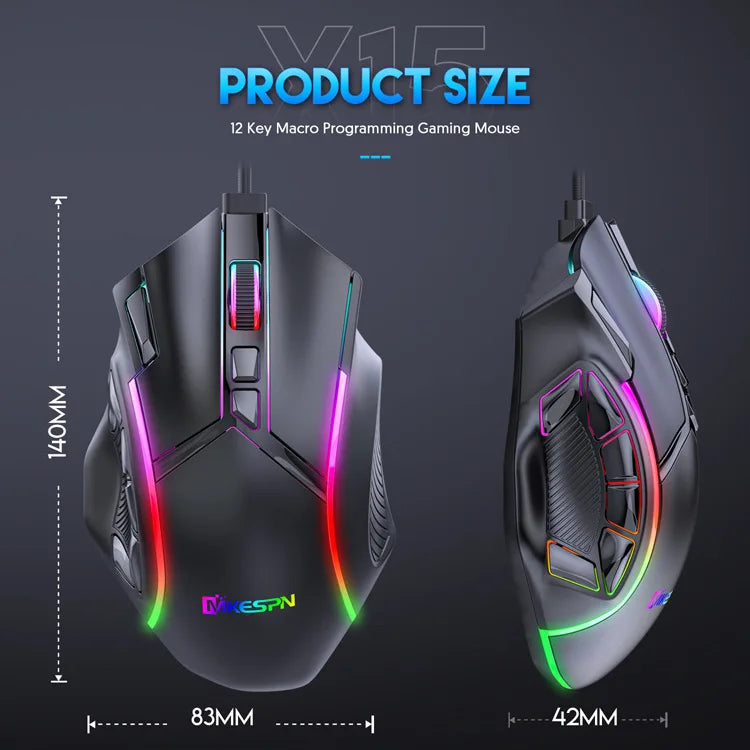 Macro Definition Wired Rgb Gaming Mouse  Full Speed 12800dpi 12 Keys Computer Accessories