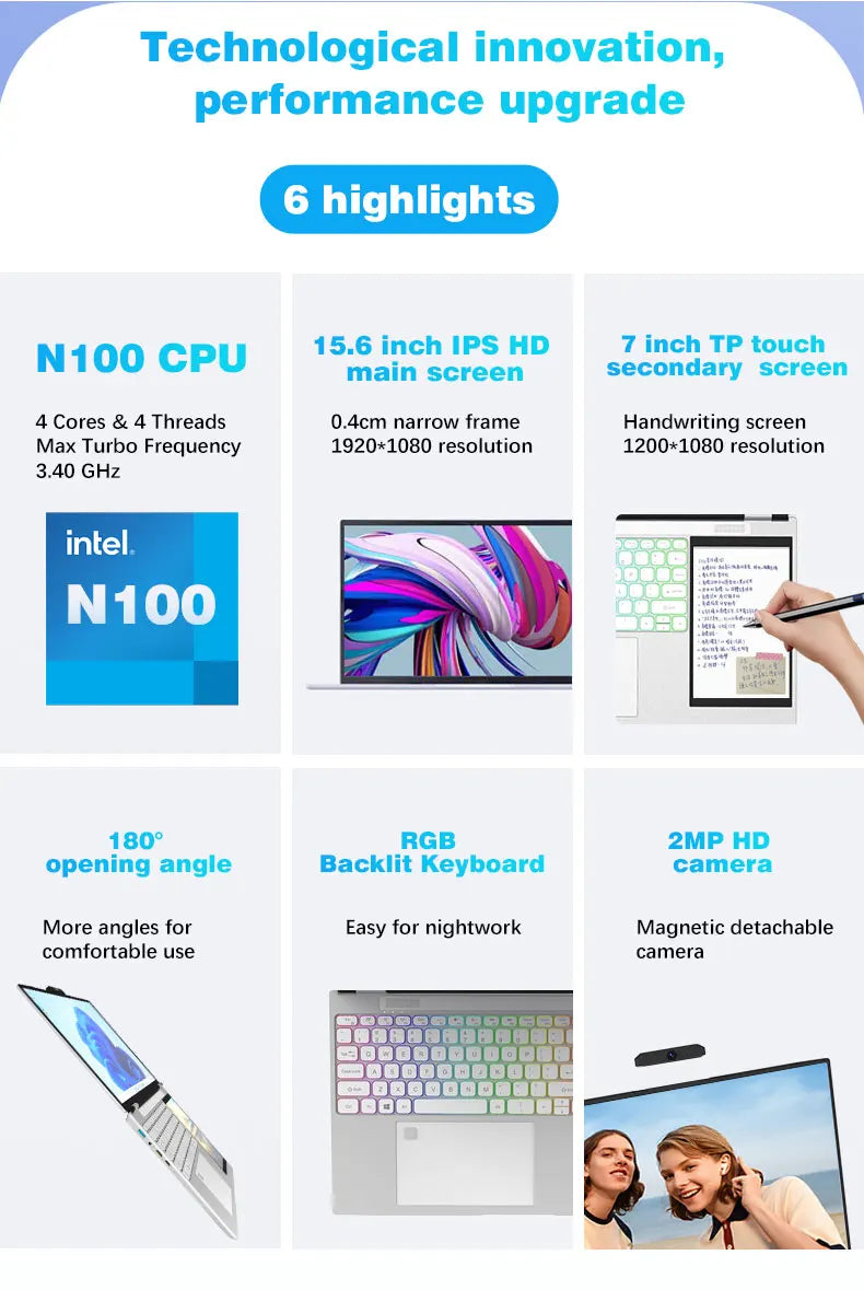 CRELANDER Intel N100 Notebook 15.6 " 2K +7" Touch Screen Quad Core 16GB WIFI Windows11 Portablet PC Computer Dual Screen Laptop