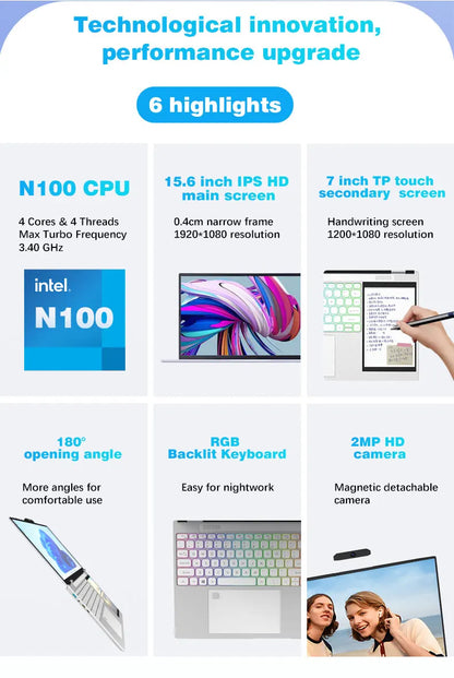 CRELANDER Intel N100 Notebook 15.6 " 2K +7" Touch Screen Quad Core 16GB WIFI Windows11 Portablet PC Computer Dual Screen Laptop