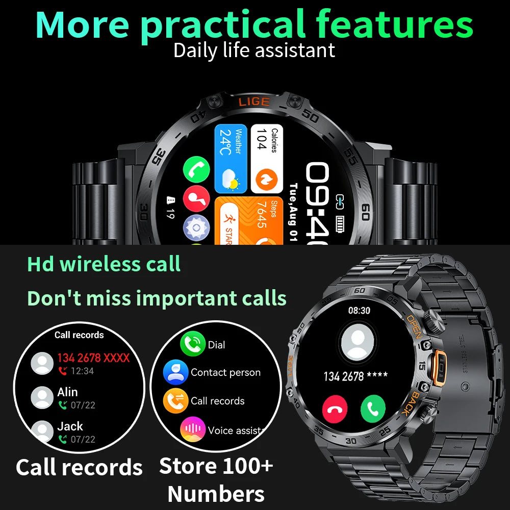 LIGE 2024 Smart Watch Men 360*360 AMOLED HD Screen Waterproof Sport Fitness Watches Flashlight New Men Smartwatch For Andrio IOS