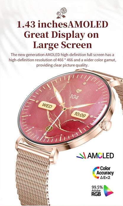 LIGE 2025 New Smart Watch Women 1.43" AMOLED HD Screen Heart Rate Sport Fitness Bluetooth Call Ladies Smartwatch For Android IOS
