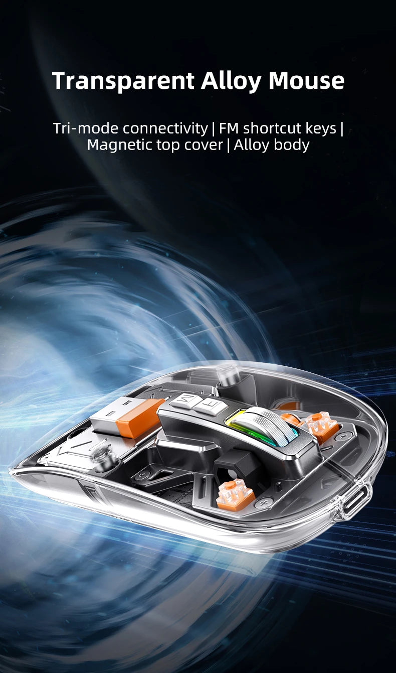 Full of technological sense! Translucent wireless mouse with multi-mode connection and metal roller.