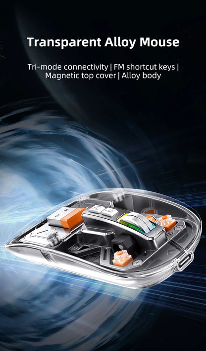 Full of technological sense! Translucent wireless mouse with multi-mode connection and metal roller.