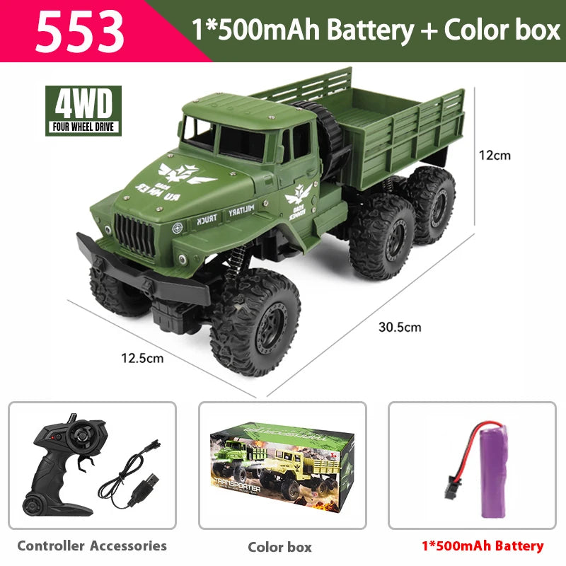 1/16 2.4G Aluminum Alloy RC Truck Six Wheel Military Edition with LED Lights Outdoor Remote Control Cars Toys Gift for Children