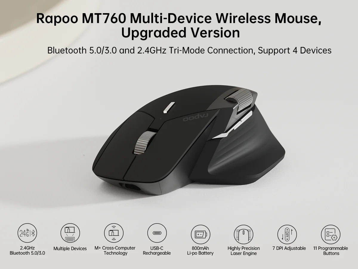 Rapoo MT760L/MT760M Multi-mode Rechargeable Wireless Mouse Ergonomic 4000 DPI Support Up to 4 Devices Bluetooth Mouse