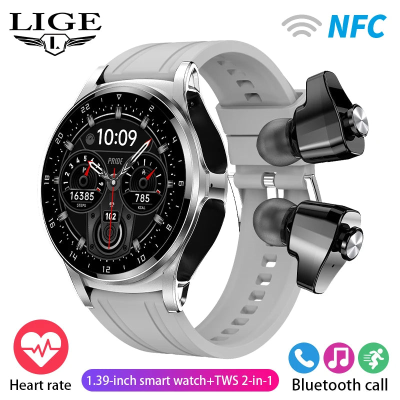 LIGE 2 in 1 Smartwatch Men 400mAh Battery Bluetooth Call With TWS Headset NFC Music Control 100+ Sport Mode Waterproof Watch Man