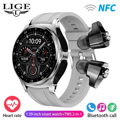 LIGE 2 in 1 Smartwatch Men 400mAh Battery Bluetooth Call With TWS Headset NFC Music Control 100+ Sport Mode Waterproof Watch Man