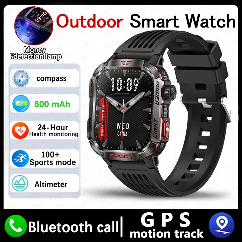 2025 New Military Outdoor Smart Watch Men's GPS Flashlight Bluetooth Call 2.01" AMOLED Screen 3ATM Waterproof Sports Smartwatch