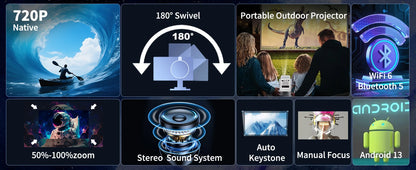 DESS Mini Projector Outdoor Portable Powered By Power Bank 4K Decoding Native 720P WiFi 6 BT 5.0 180°Rotatable Movie Projector