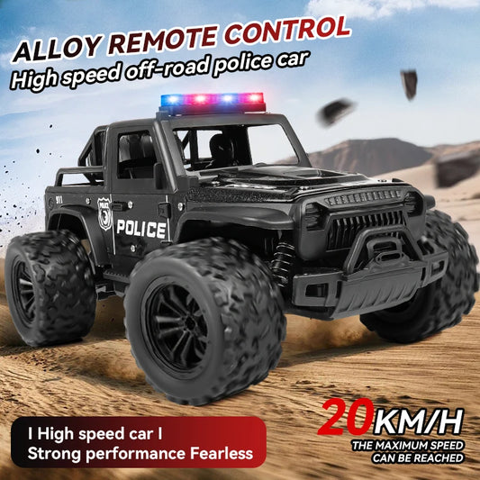 Remote-controlled off-road police car, cool police lights, simulated siren sounds, 1:16 scale alloy body,Spring shock absorption