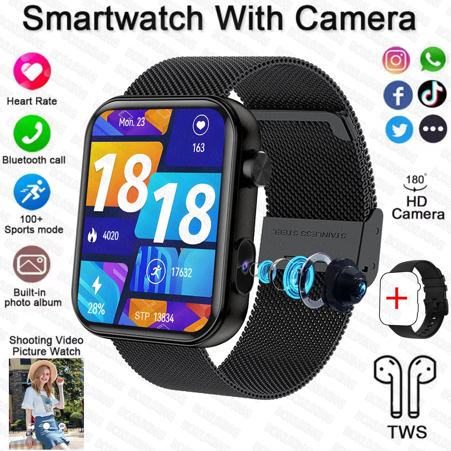 2025 New Smart Watch Men Women Camera Take Photos Record Video Health Monitor Sports Fitness Waterproof BT Call Smartwatch