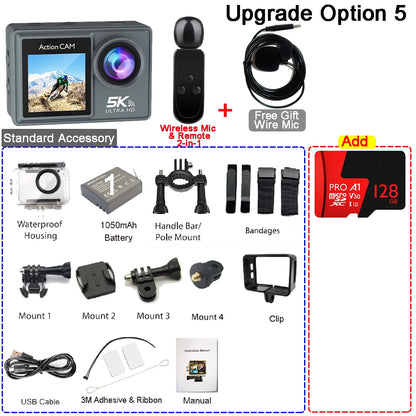 5K 4K60FPS Action Camera Dual IPS Touch LCD DVR EIS 170° 30M Waterproof 5X Zoom Sport Camera With Wireless Mic&Remote Control