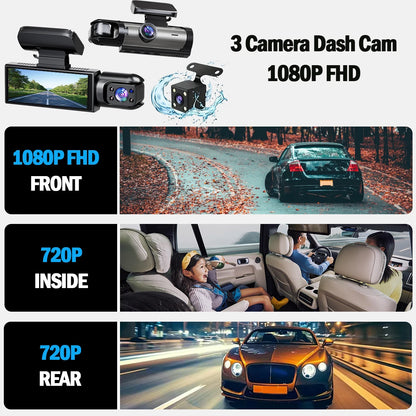 Dash Cam for cars 1080P 3-Lens car camera Night Vision Loop Recording wide angle Car DVR Came Front And Inside Car Dash Recorder