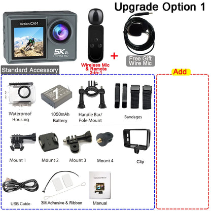 5K 4K60FPS Action Camera Dual IPS Touch LCD DVR EIS 170° 30M Waterproof 5X Zoom Sport Camera With Wireless Mic&Remote Control