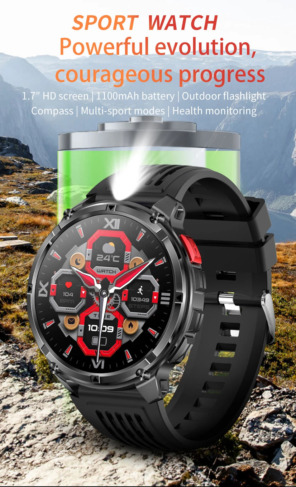 1100mAh Battery Outdoor Sport Smartwatches Men LED Flashlight Message Push Heart Rate 3ATM Waterproof Bluetooth Call Smart Watch
