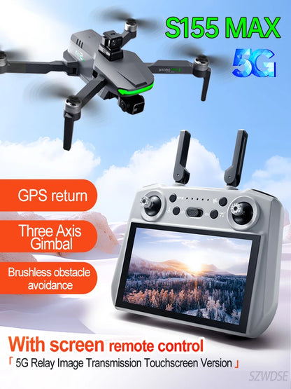 S155 MAX GPS Drone Professional 4K Camera 7.2-inch Touch Screen 3-Axis Gimbal EIS Relay Aircraft Obstacle Avoidance Dron Toy