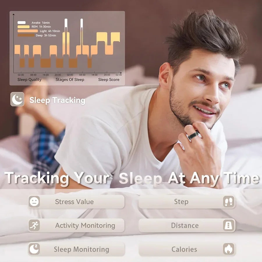 Smart Ring - Fitness Tracker with Sleep Monitor, Pedometer & 20+ Exercise Modes, IP68 Waterproof, Stainless Steel Retro-Fashion