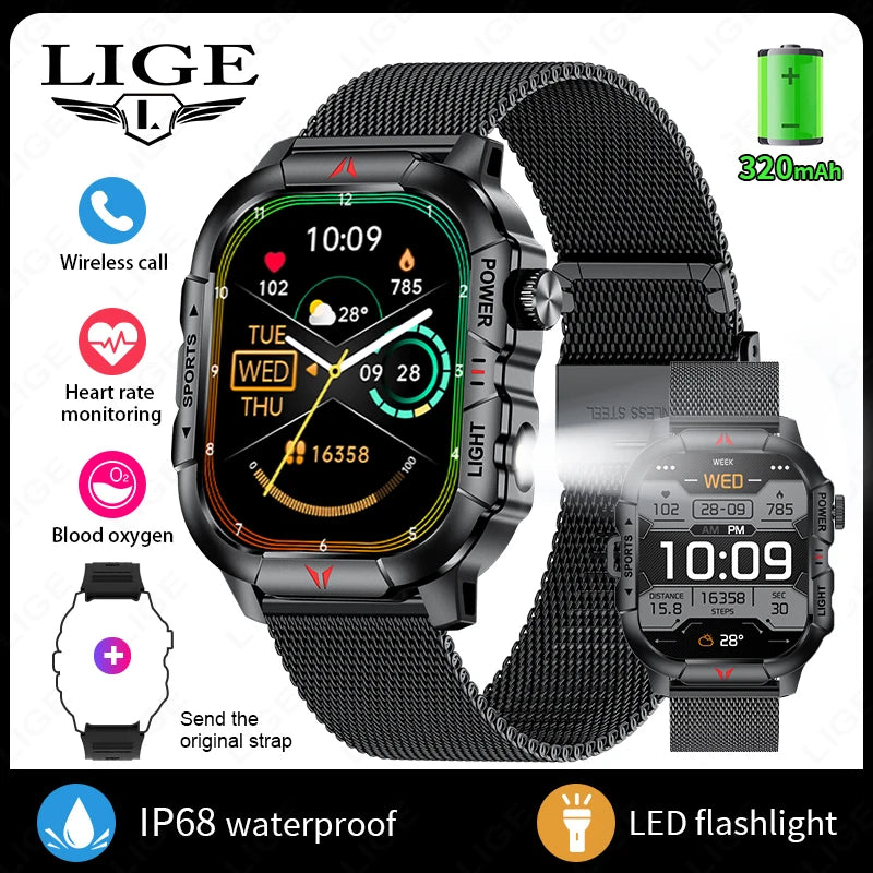 LIGE Smart Watch LED Flashlight Men Waterproof Watches 2.01-inch HD Screen Health Bracelet Military Outdoor Sport Smartwatch Man