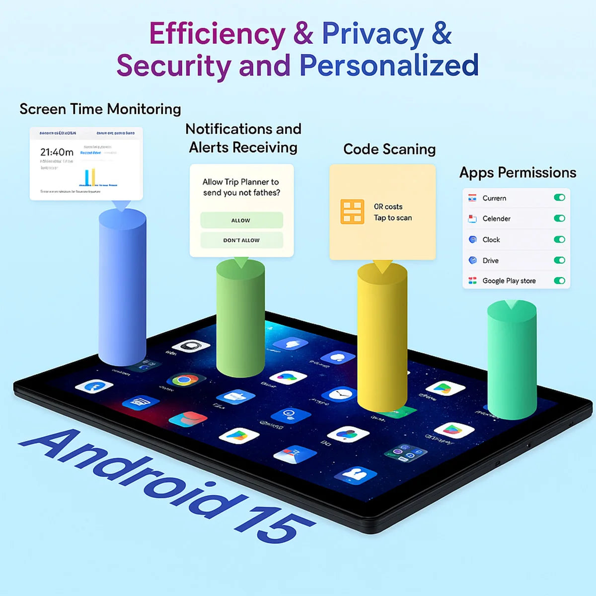 Android 15 Tablet 10.4 Inch Octa-Core Processor 16GB RAM 128GB ROM 1TB TF Card Expand 5G/2.4G WiFi 5MP+8MP Camera Android Tablet