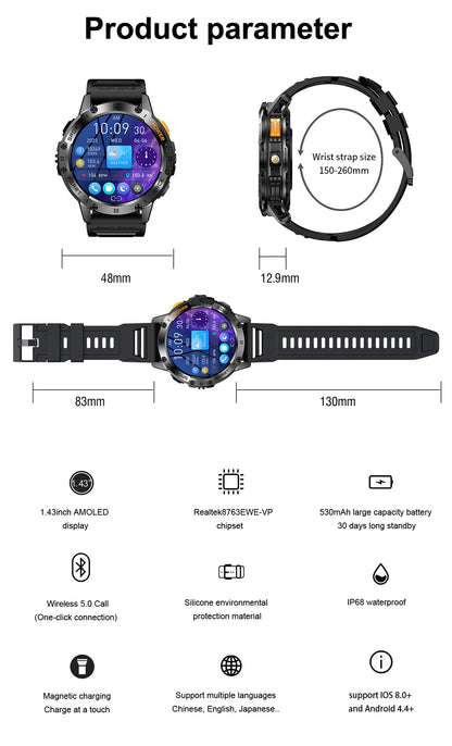 LIGE New AMOLED Smart Watch Men with Flashlight Sports Waterproof Fitness Tracker Bluetooth Call Smartwatch Man For Android ios