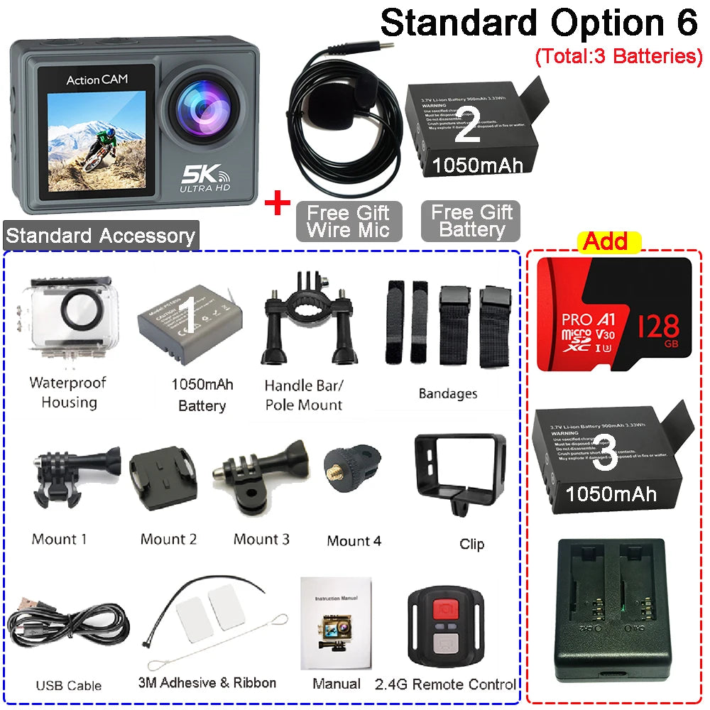 5K 4K60FPS Action Camera Dual IPS Touch LCD DVR EIS 170° 30M Waterproof 5X Zoom Sport Camera With Wireless Mic&Remote Control