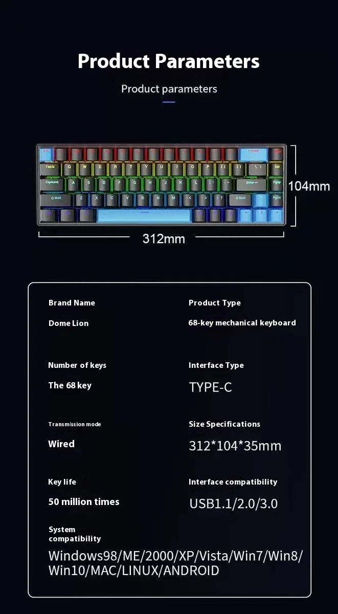 2025 new 68-key game mechanical keyboard mini 65% compact RGB backlit ergonomic wired film keyboard, suitable for laptop desktop