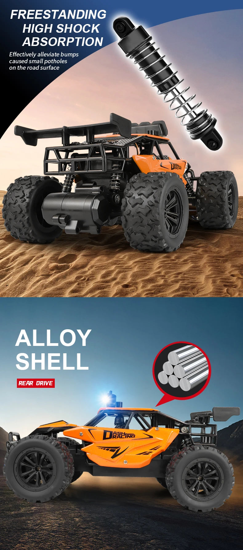RC Alloy Car 1:16 Scale 2WD Off-Road Climbing Remote Control Car With LED Light 20KM/H High Speed Toys Gifts For Boys Girls Kids