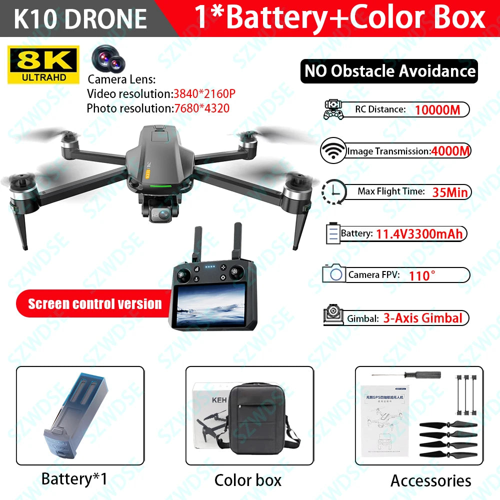 10KM 35 Mins With Touch Screen RC K10 Professional GPS Drone with 3-Axis Gimbal 8K Dual Camera FPV Brushless Airdrop Quadcopter