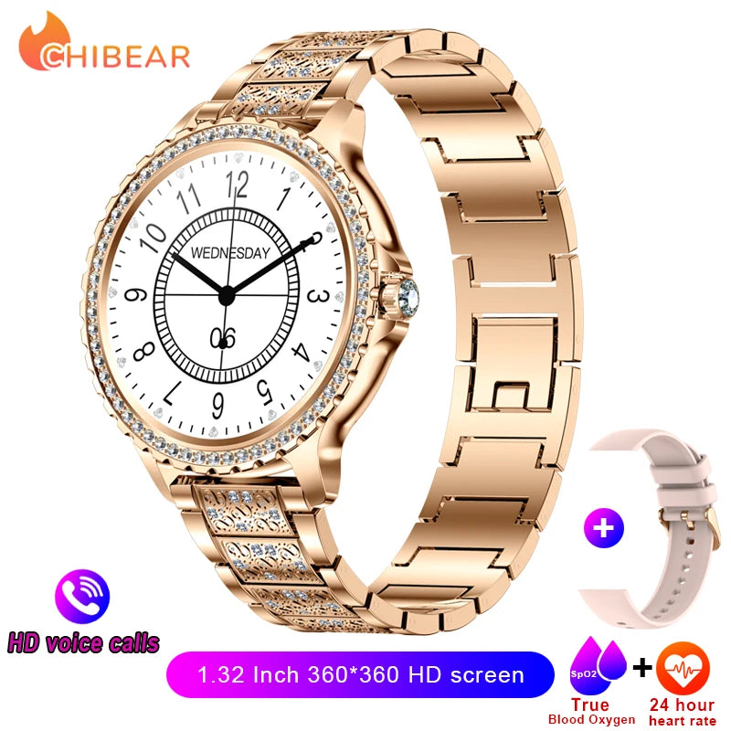 2023 New Fashion Women Bluetooth Call Smart Watch 1.32" AMOLED 360*360 HD Screen Sports Fitness Ladies Smartwatch Diamond Band