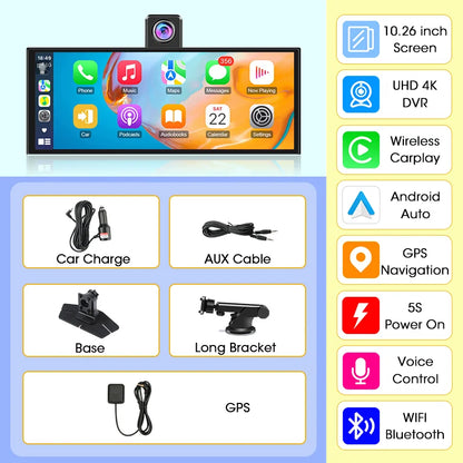 4K Dash Cam 10.26 inch Carplay & Android Auto Car DVR Video Recorder Dahscam Camera 5G Wifi GPS Navigation FM AUX 360 ° Rotation