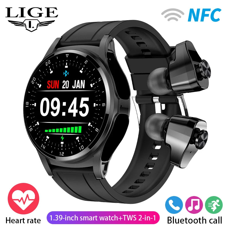 LIGE 2 in 1 Smartwatch Men 400mAh Battery Bluetooth Call With TWS Headset NFC Music Control 100+ Sport Mode Waterproof Watch Man