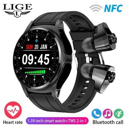 LIGE 2 in 1 Smartwatch Men 400mAh Battery Bluetooth Call With TWS Headset NFC Music Control 100+ Sport Mode Waterproof Watch Man