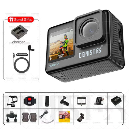 CERASTES Action Camera 5K 4K 60FPS WiFi Anti-shake Dual Screen 170° Wide Angle 30m Waterproof Sport Camera with Remote Control