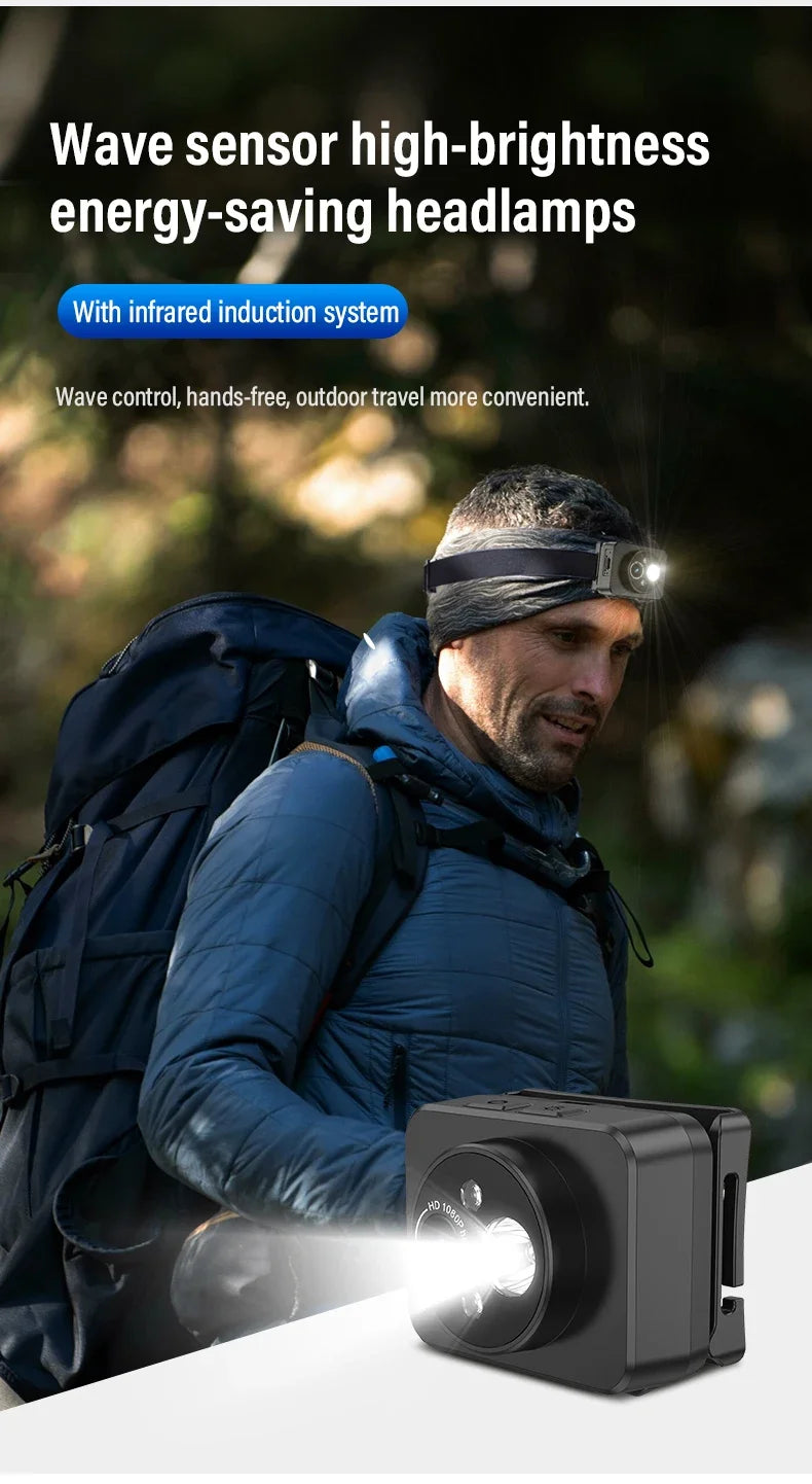 Action Camera Headlight First Perspective 2MP Sports Camera Smart Wave Hand Induction Video Recorder Built-in Battery Action Cam