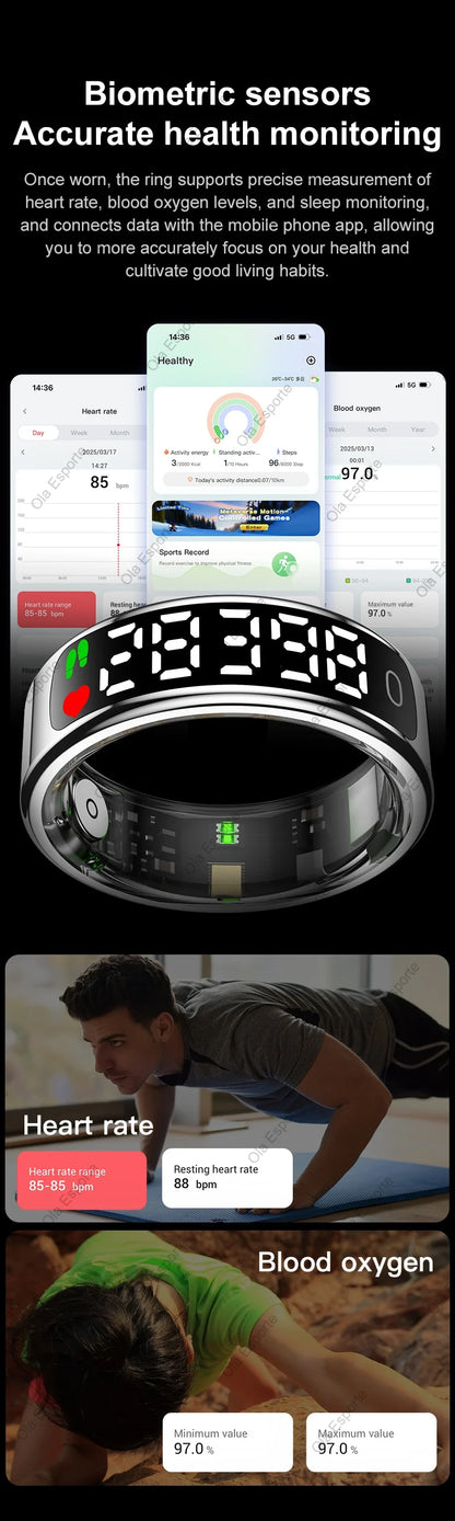 2025 Smart Ring with Display Screen and Touch, Wireless Charging Case,Health Manager, 5ATM Waterproof For Men Women R12 R13 Ring