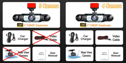 Dash Cam for Car 3/4 Channels Video Recorder 1080P Car DVR  Front inside Rotatable and Rear View Night Vision Car accessory