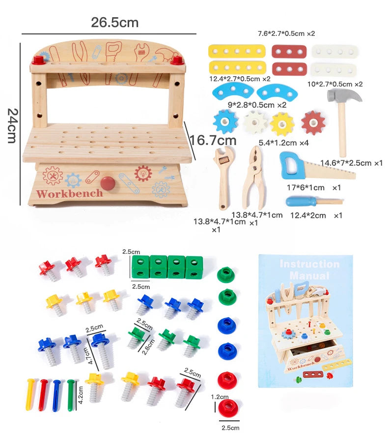 Tool Bench for Kids Toy Play Workbench Wooden Tool Bench Workshop Workbench with Tools Set Wooden Construction Bench Toy for Boy