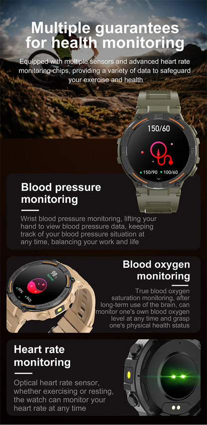 Outdoor Smart Watch with Flashlight Male Sports Fitness Waterproof Watch 24 Hours Heart Rate Monitor Bluetooth Call Smartwatch