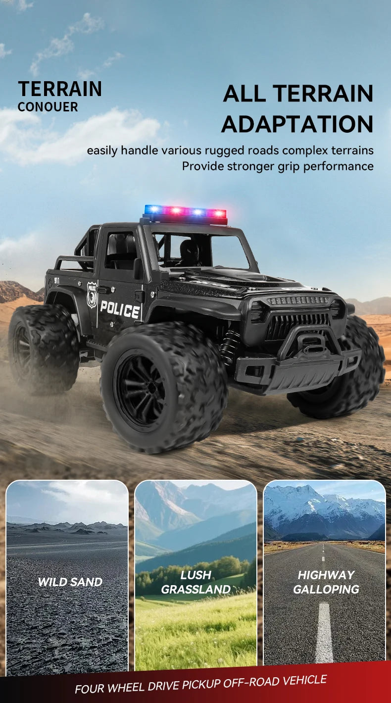 Remote-controlled off-road police car, cool police lights, simulated siren sounds, 1:16 scale alloy body,Spring shock absorption