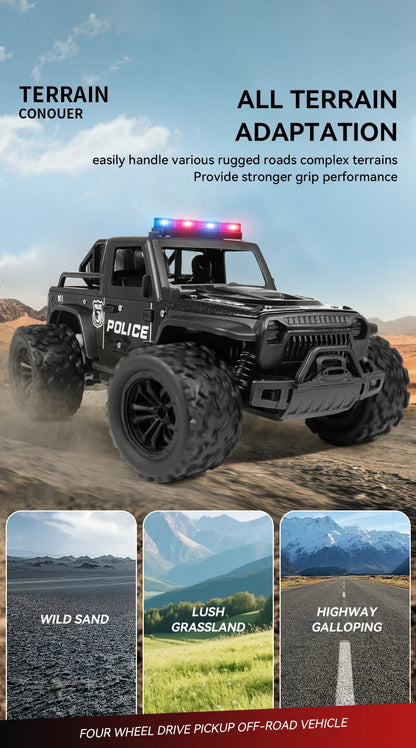 Remote-controlled off-road police car, cool police lights, simulated siren sounds, 1:16 scale alloy body,Spring shock absorption