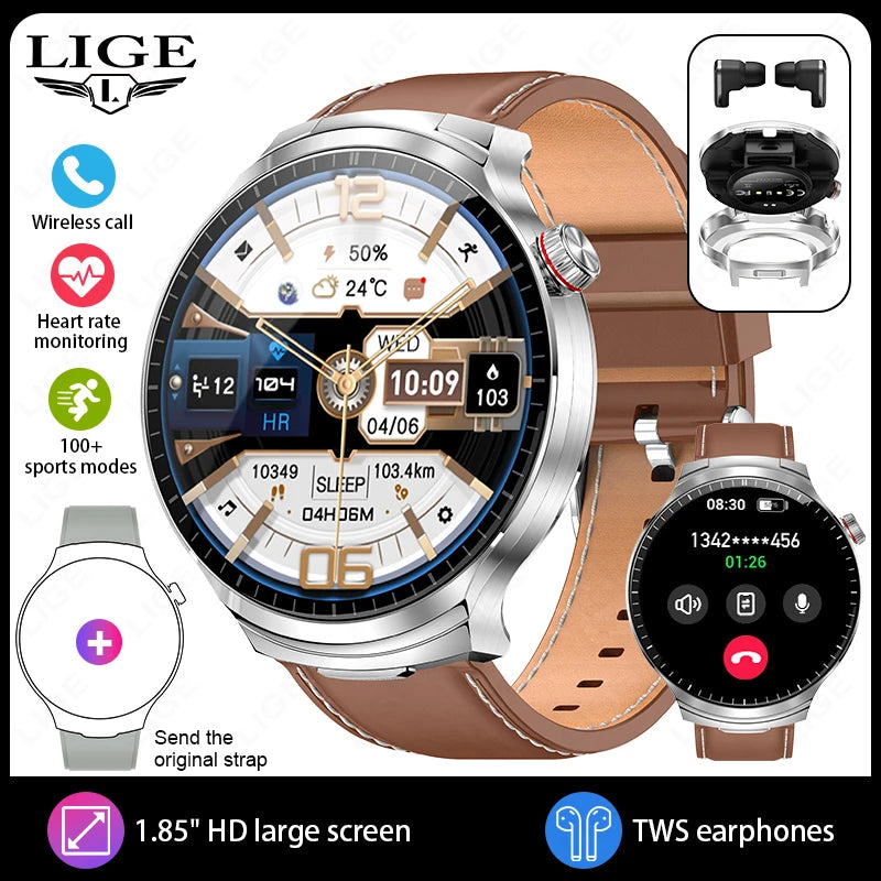 LIGE 2025 Smart Watch 2 in 1 With Earphone Smartwatch Bluetooth Call Men Watch AI Voice Heart Rate Monitor Play Music SmartWatch